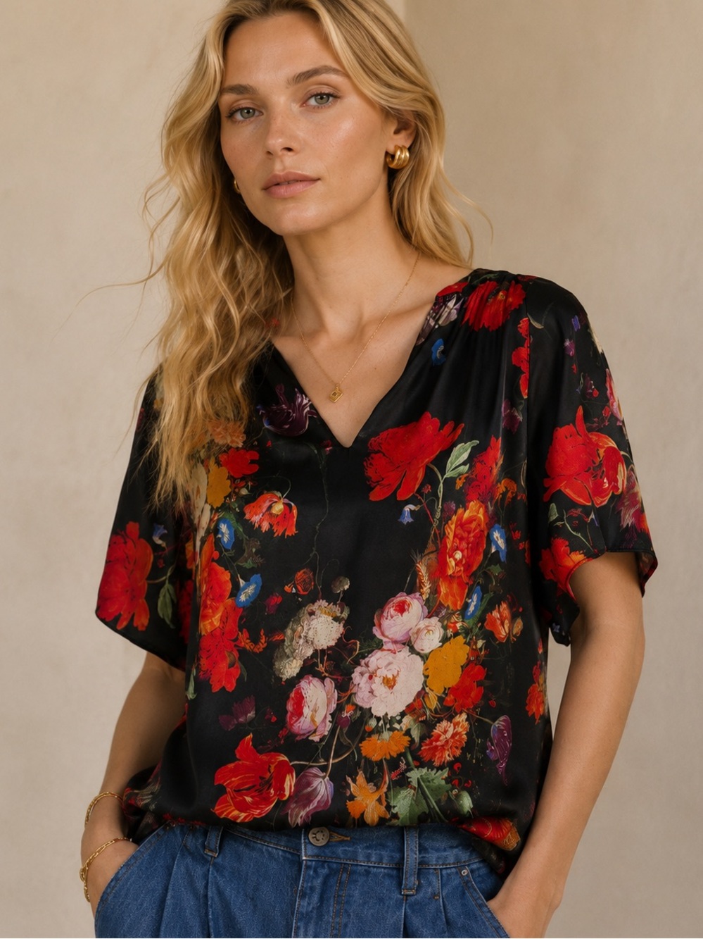 Caballero Floral Print Short Sleeve Blouse | Black Multicolor | Size Small